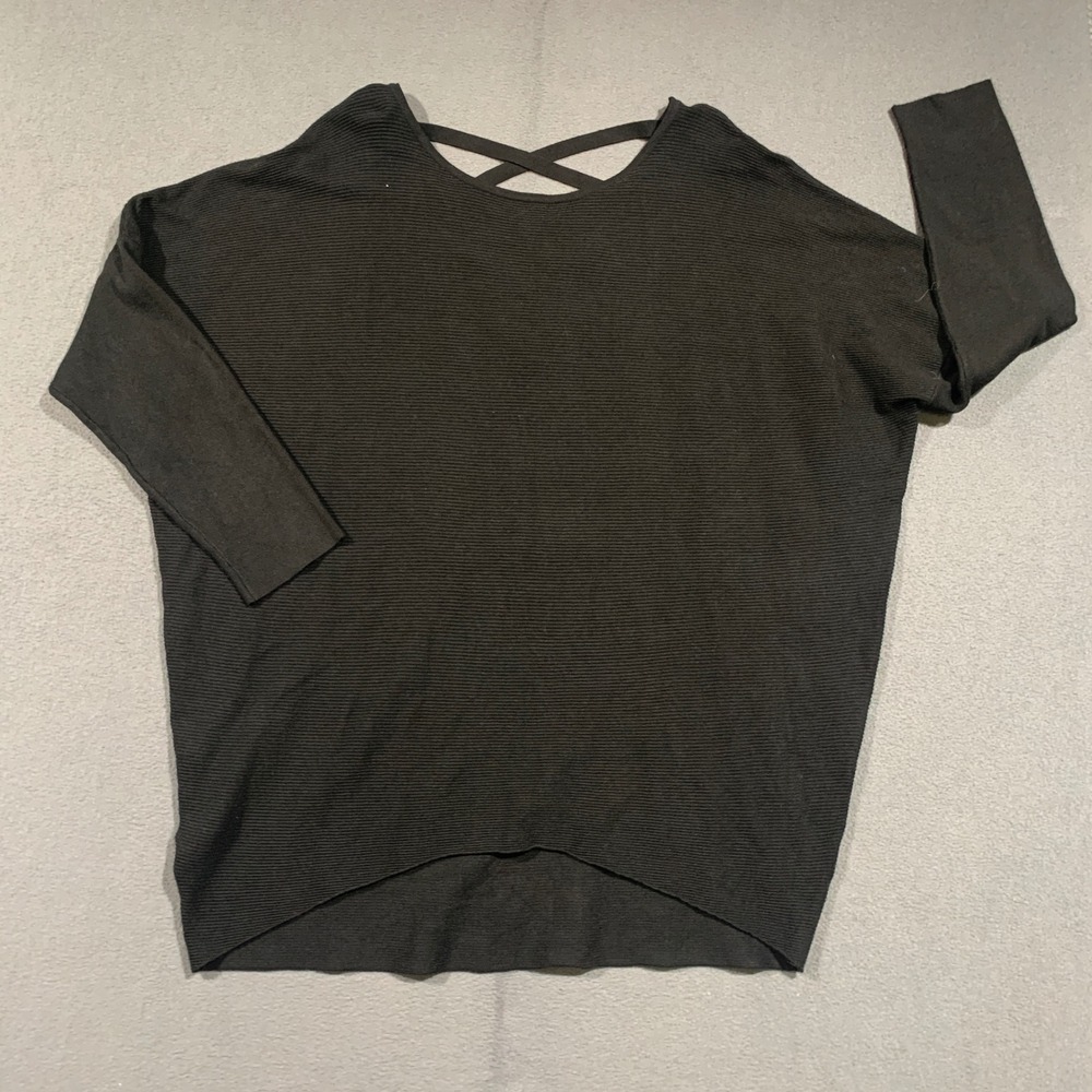 Jodifl Womens Black Ribbed Dolman Long‎ Sleeve Strappy V-Neck Oversized Top M